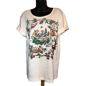 New old stock 90's vintage birds print white perforated t-shirt size M USA made
